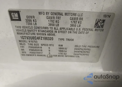 2015 GMC Sierra 1500 Sle from USA, damaged, VIN 1GTV2UEC4FZ186320